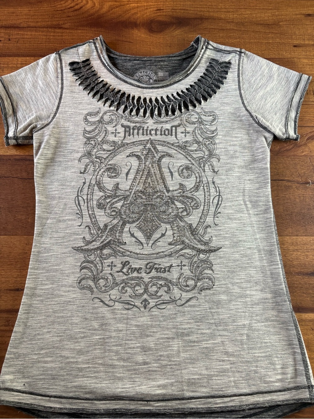 Affliction women’s Gray Graphic Tee with Embellished Neckline